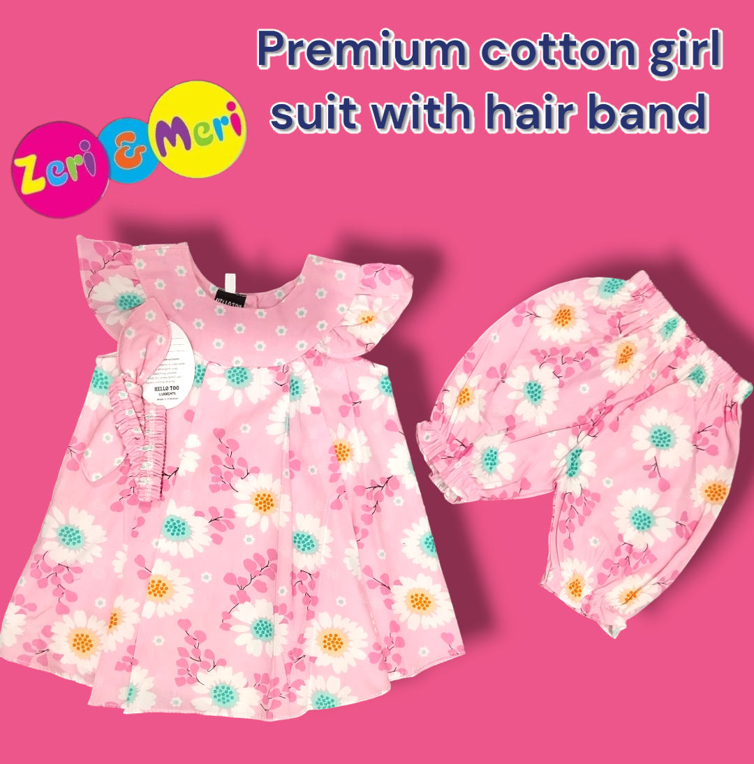 PREMIUM QUALITY COTTON GIRL SUIT WITH HAIR BAND 3M-12 MONTH